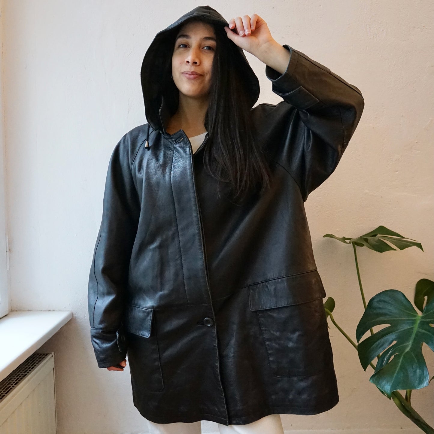 Vintage hoodie leather jacket size L