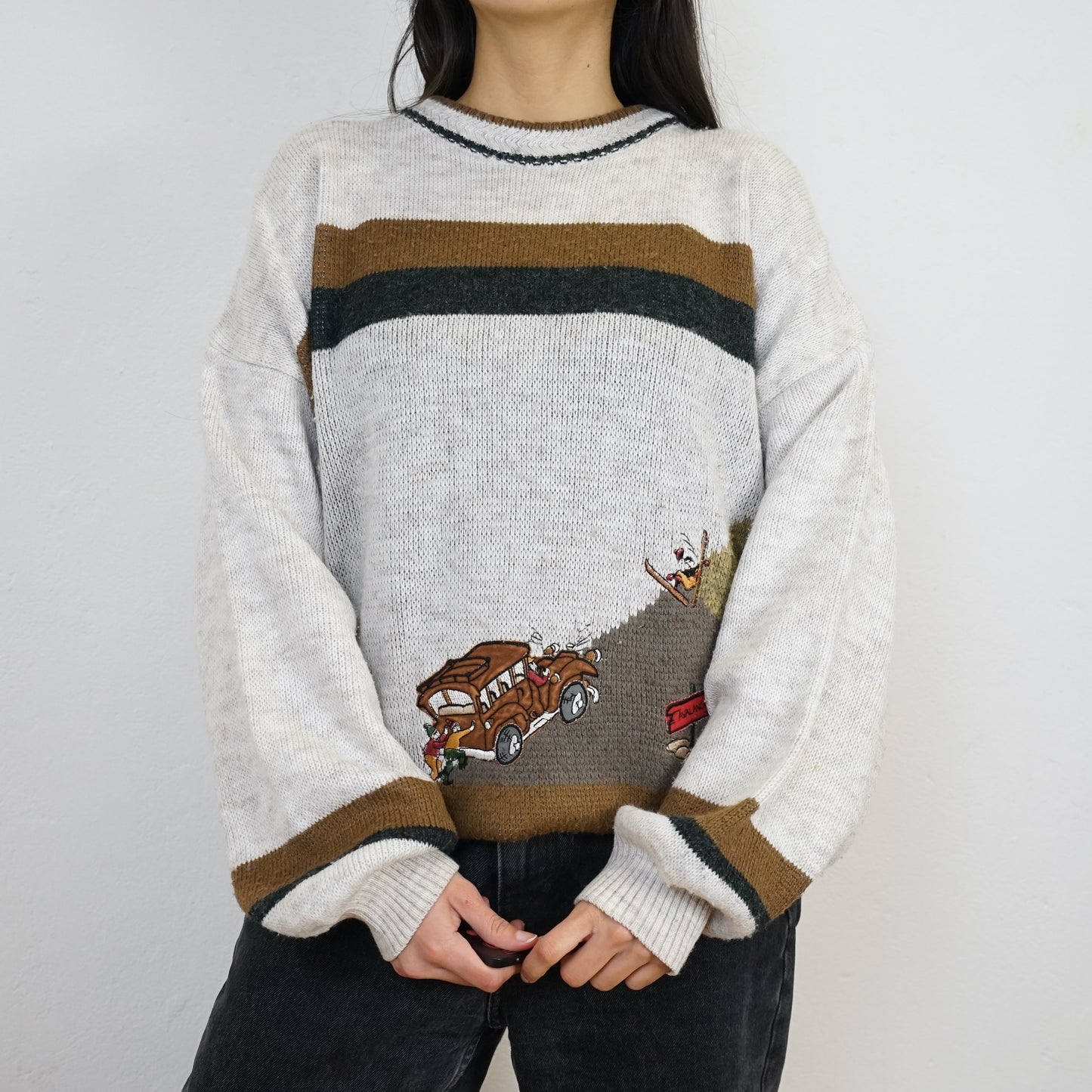 Vintage Pullover Size L-XL white brown embroidery