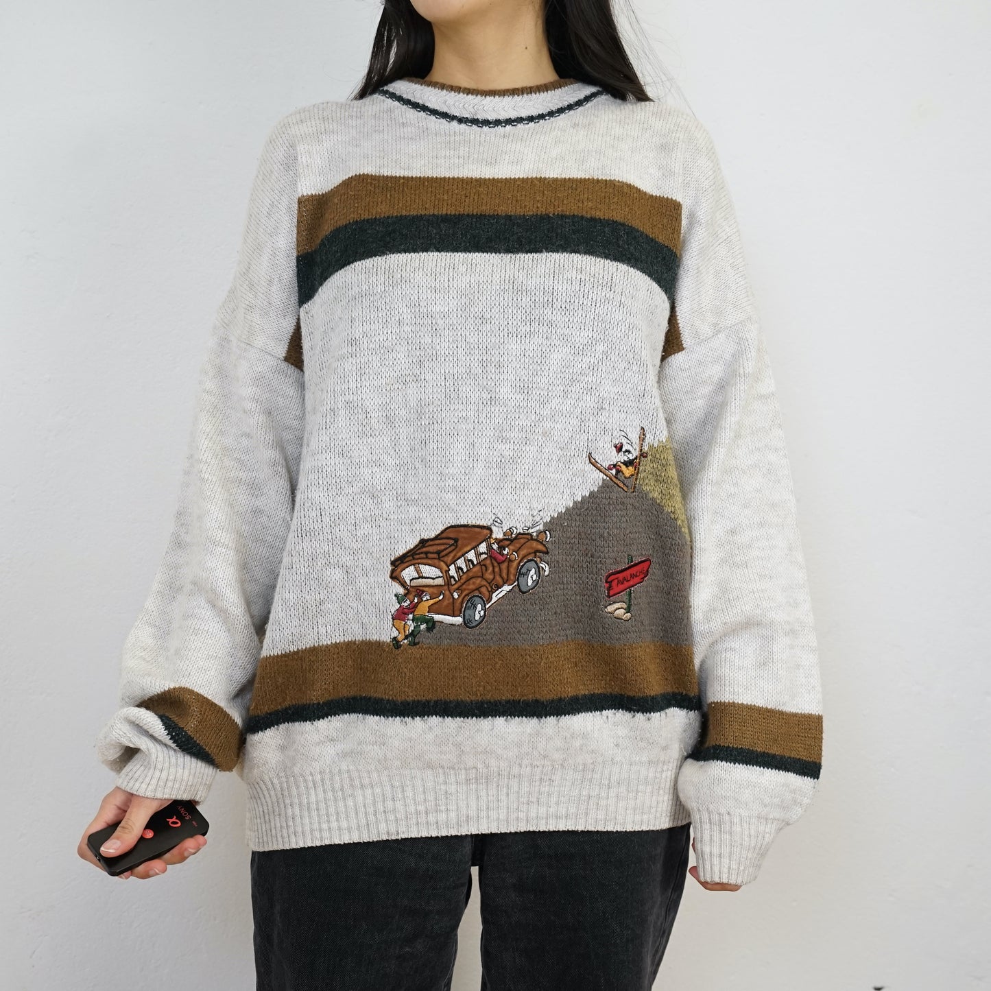 Vintage Pullover Size L-XL white brown embroidery