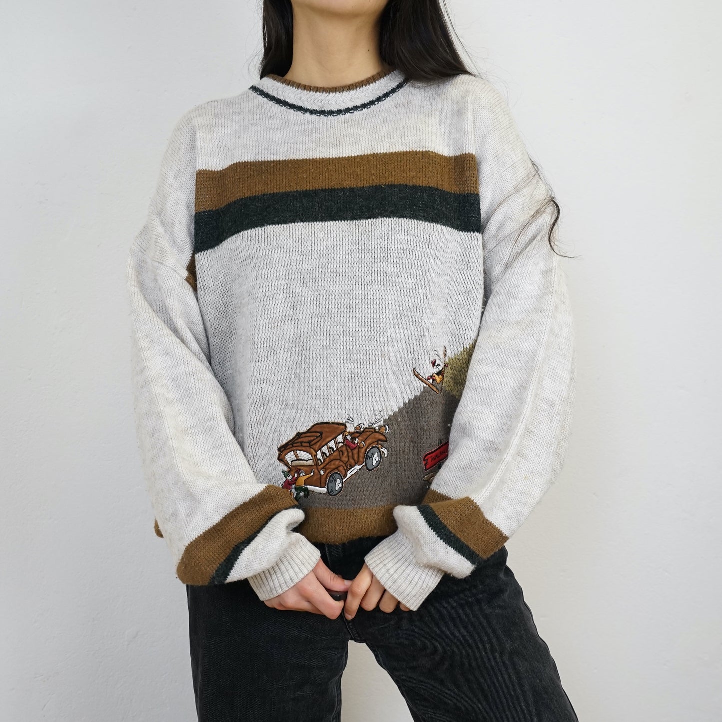 Vintage Pullover Size L-XL white brown embroidery