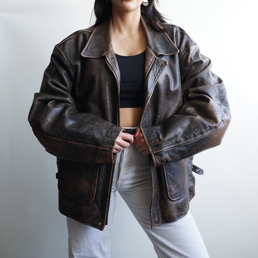 Vintage Leather Bomber Jacket Size XL-XXL
