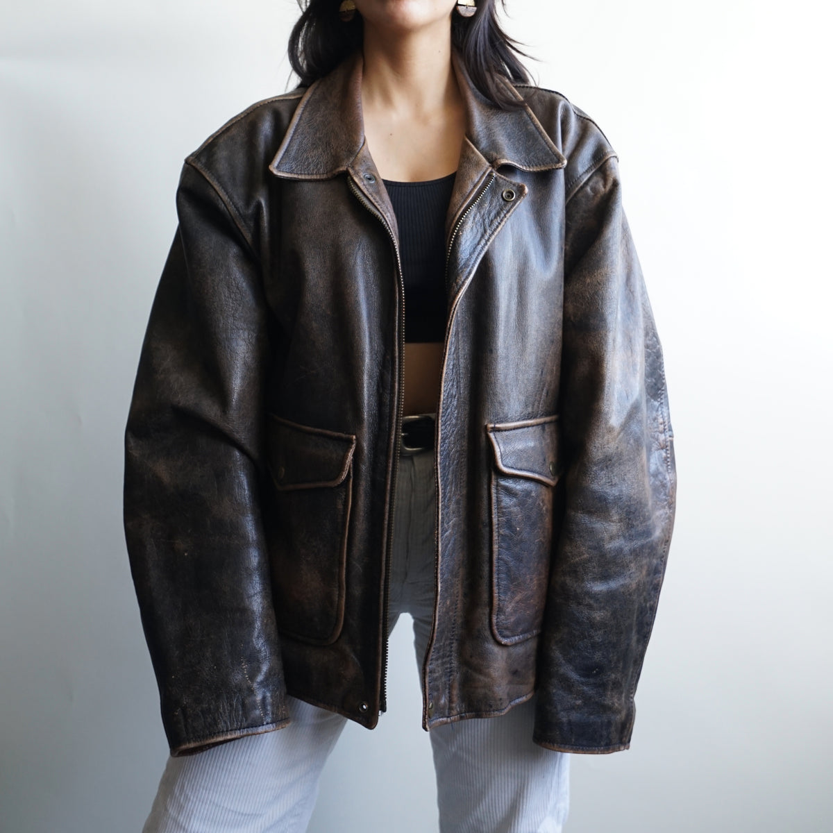 Vintage Leather Bomber Jacket Size XL-XXL
