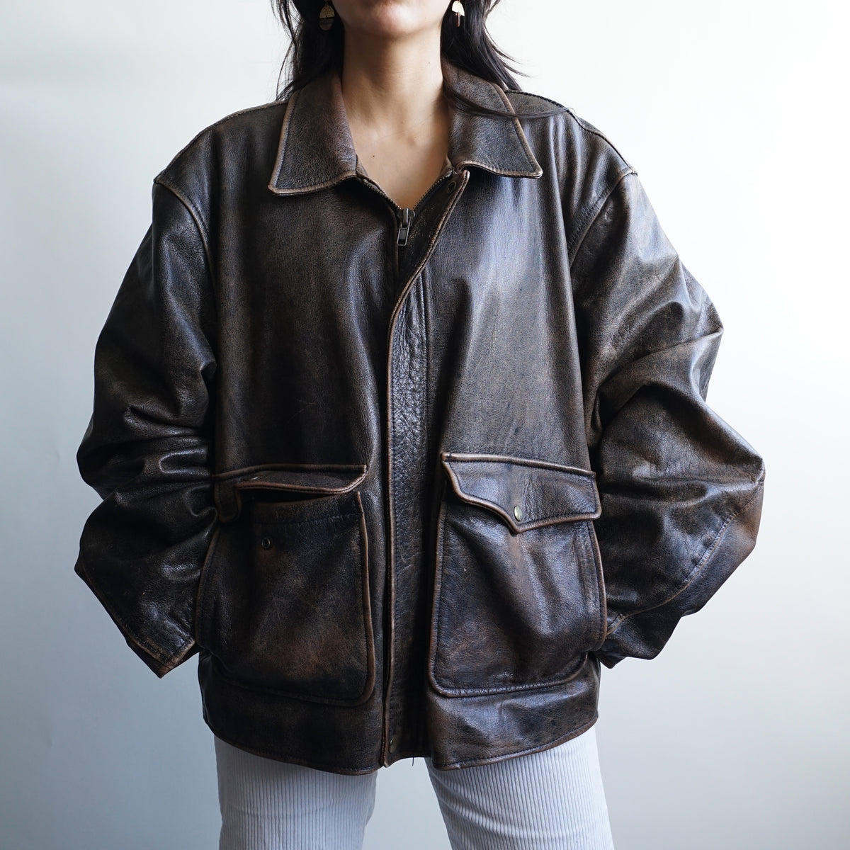 Vintage Leather Bomber Jacket Size XL-XXL