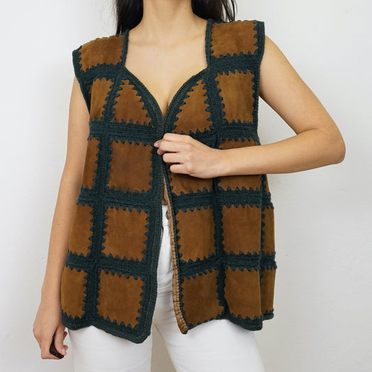 Vintage handmade leather crochet Vest Size M-L