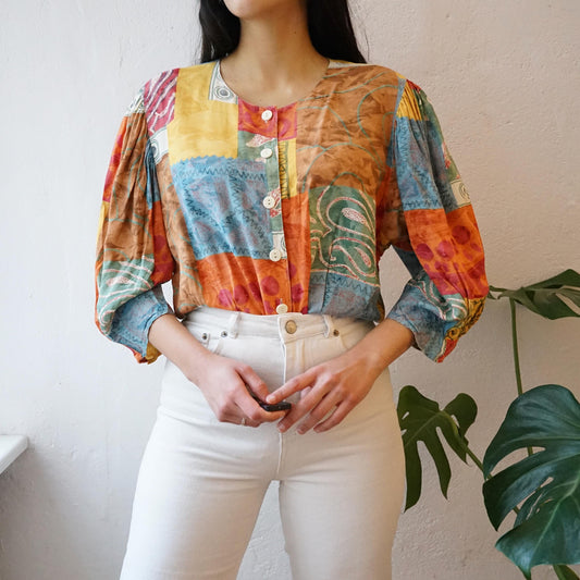 Vintage colorful Blouse size L puffed sleeves