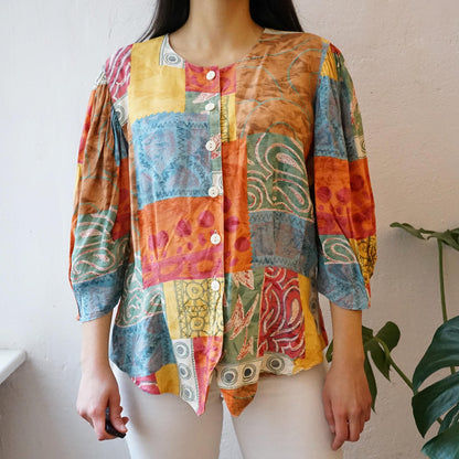 Vintage colorful Blouse size L puffed sleeves