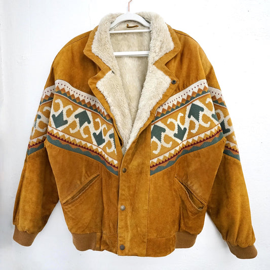 Vintage Leather Bomber Jacket men Size L Teddy lining