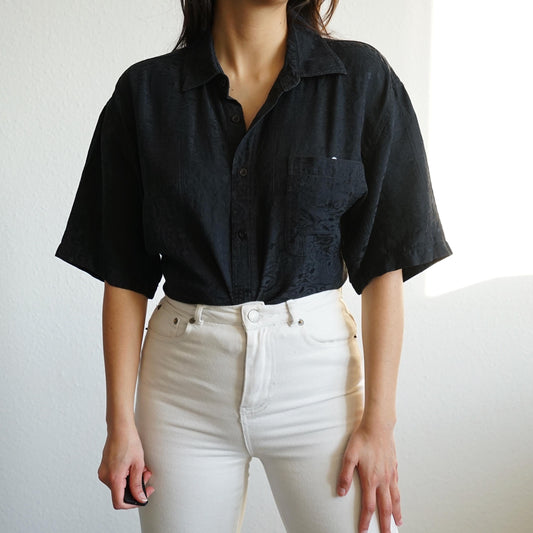 Vintage silk blouse size L-XL black silk shirt elegant blouse short sleeved shirt black shirt women