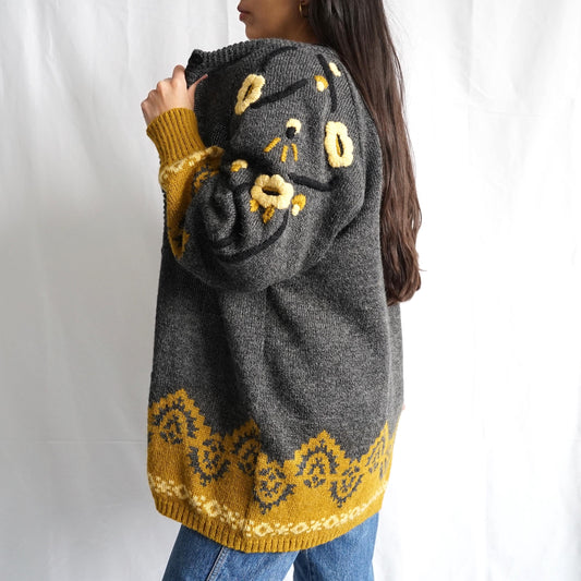 Vintage 80s Cardigan size M floral wool alpaca