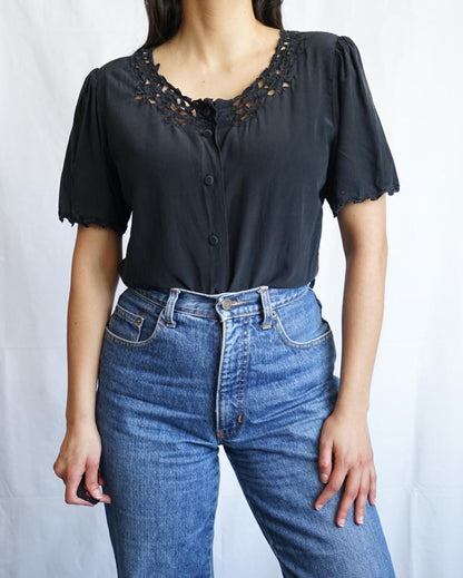 Vintage 80s silk Blouse size S embroidery