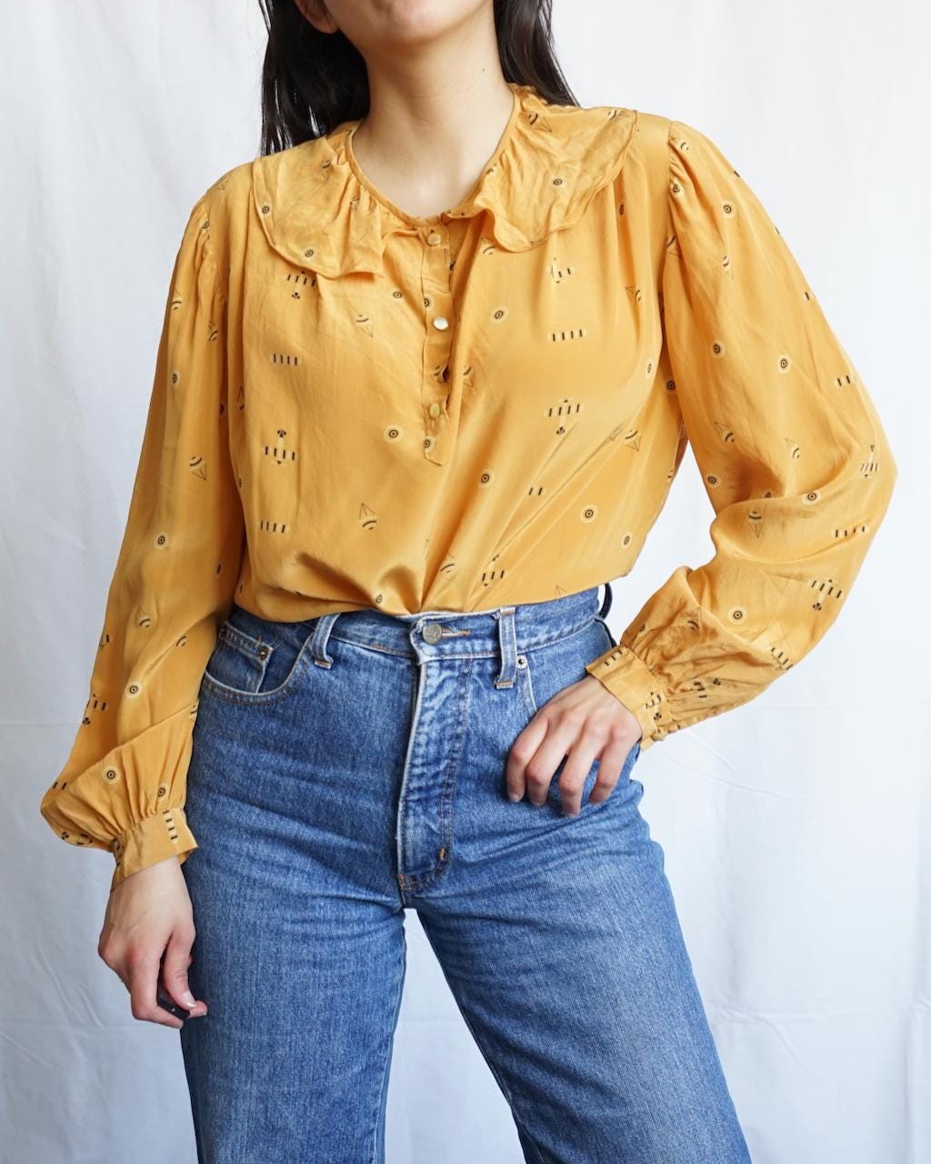 Vintage 90s Blouse size M yellow romantic