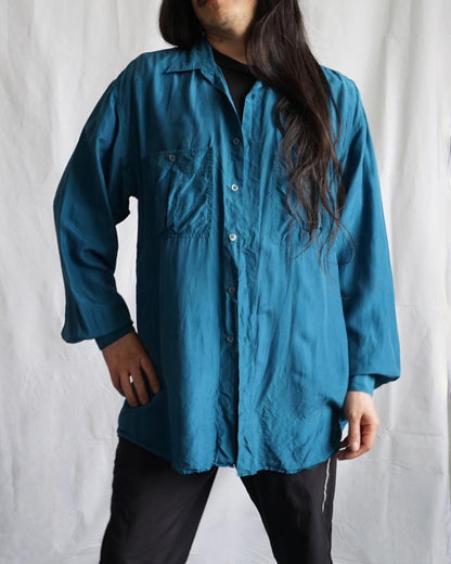 Vintage 80s silk shirt size L teal blue