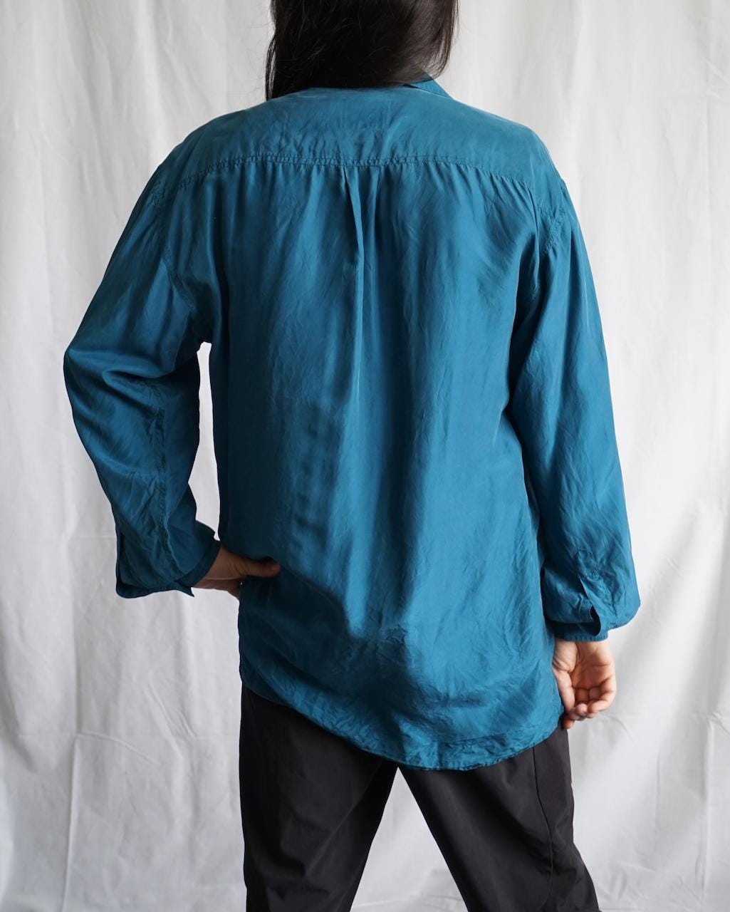 Vintage 80s silk shirt size L teal blue