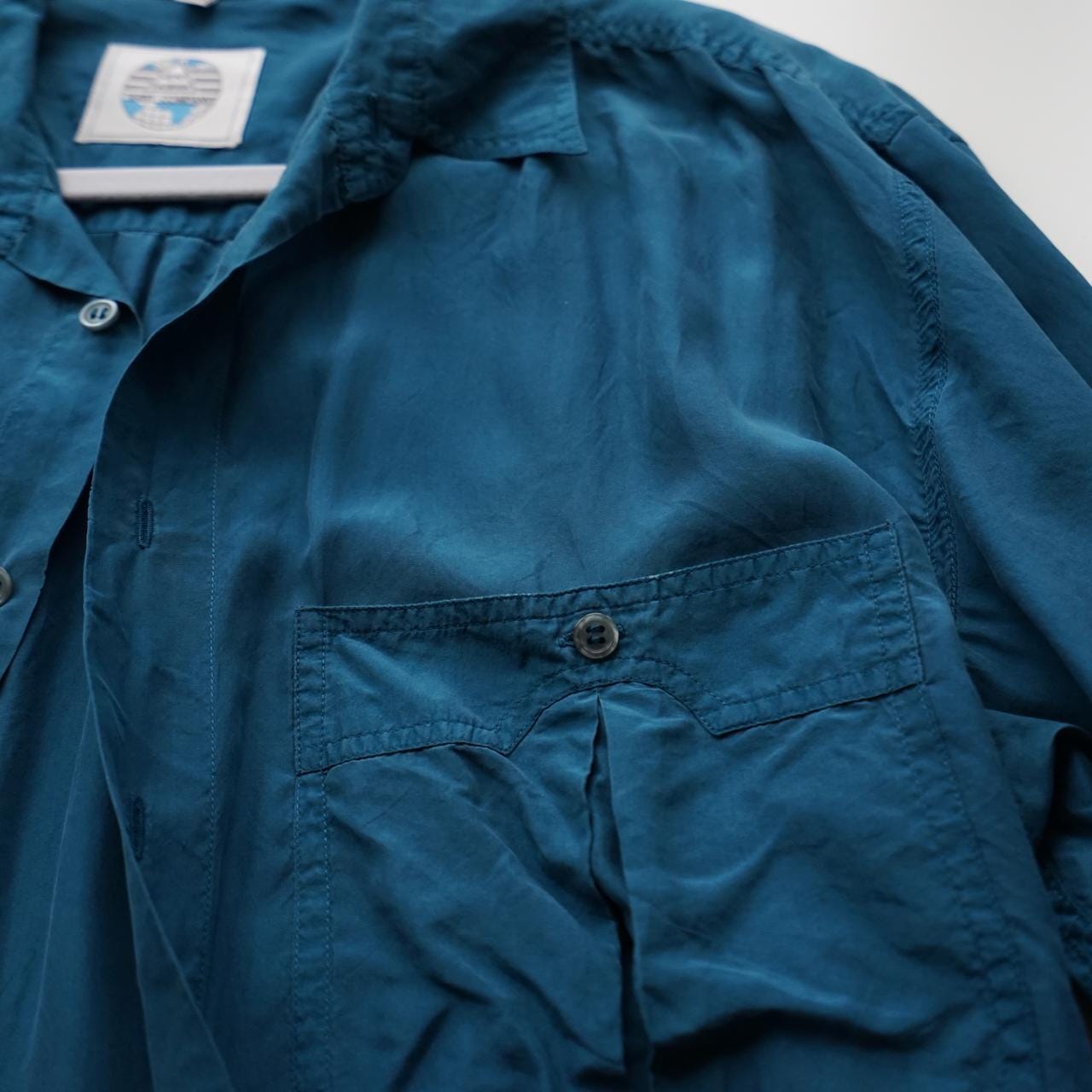 Vintage 80s silk shirt size L teal blue