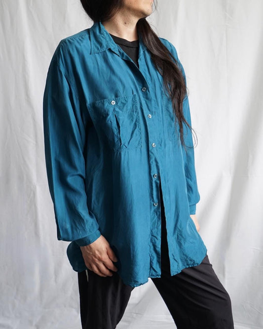 Vintage 80s silk shirt size L teal blue