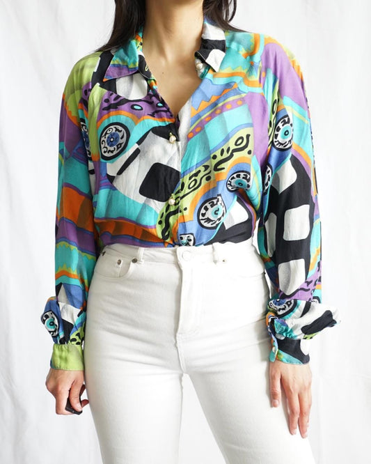 Vintage 80s Blouse size L - crazy pattern