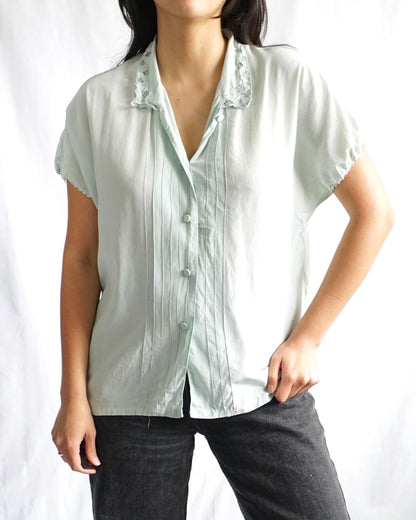 Vintage Mint Green Silk Blouse Lace