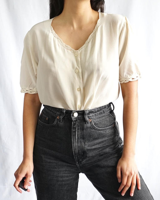 Vintage 90s Silk Blouse Size L champagne cream