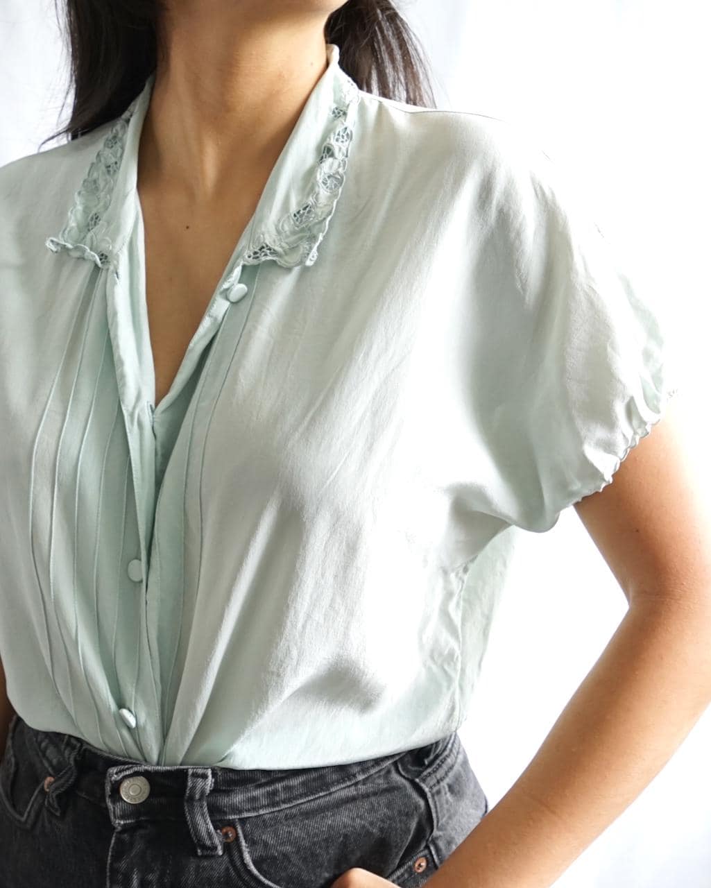 Vintage Mint Green Silk Blouse Lace