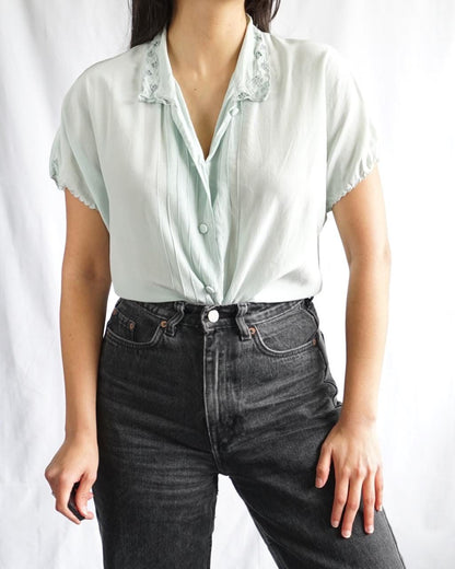 Vintage Mint Green Silk Blouse Lace