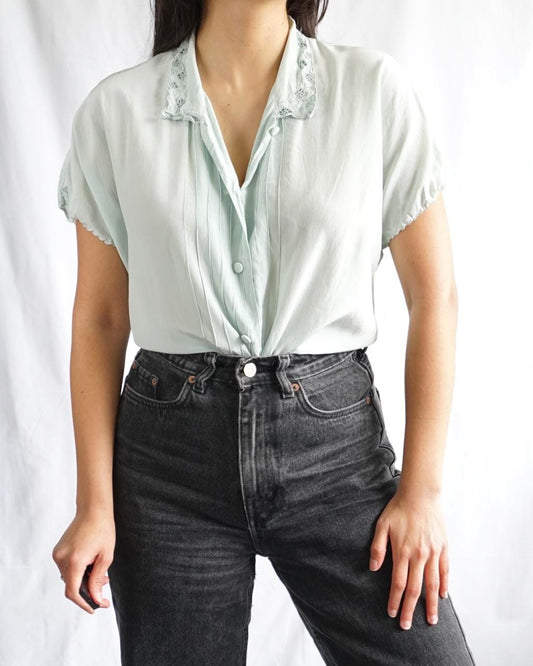 Vintage Mint Green Silk Blouse Lace