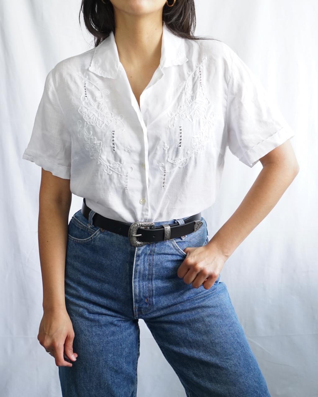 Vintage linen blouse size L hand embroidered