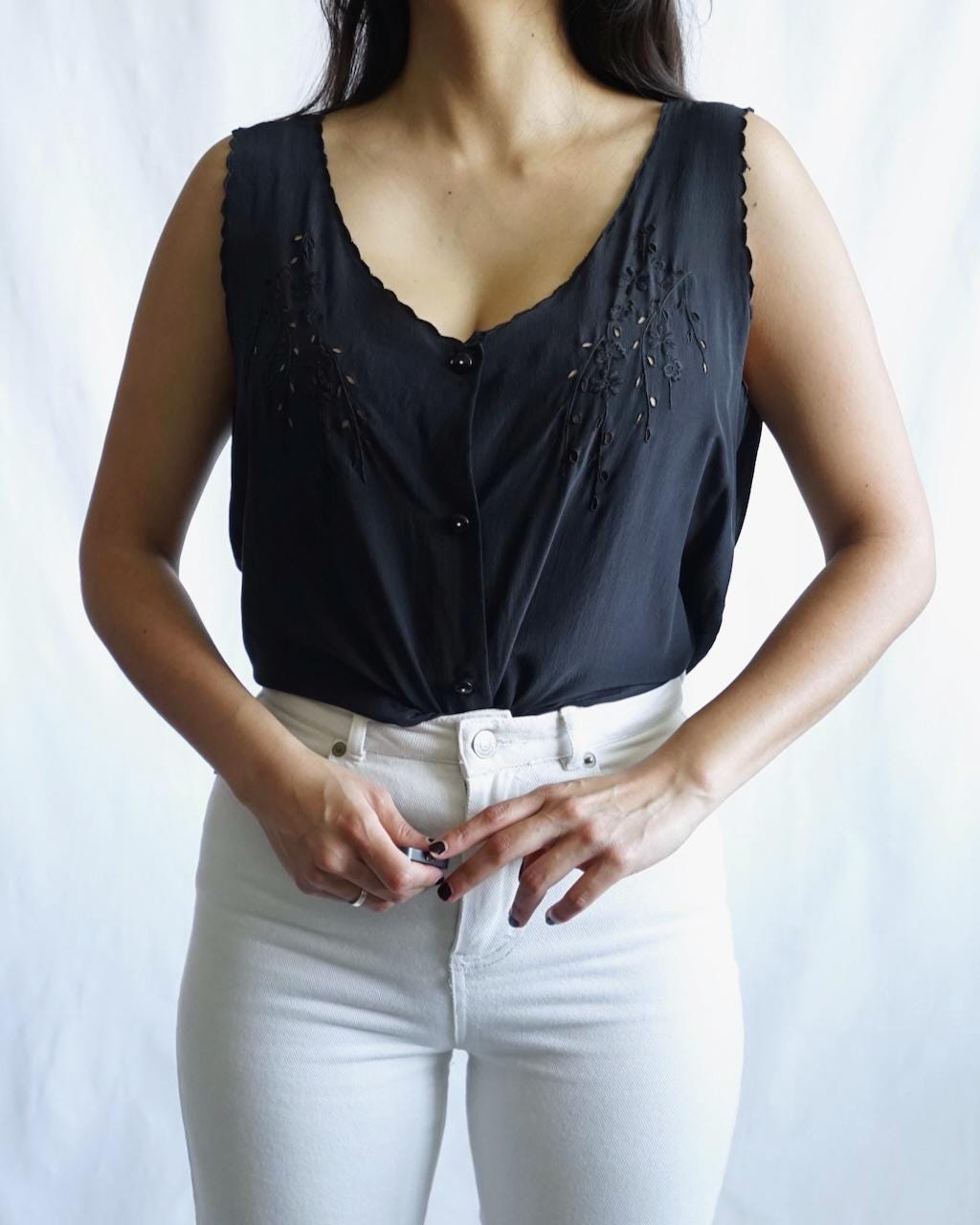 Vintage Silk Blouse Size L embroidered