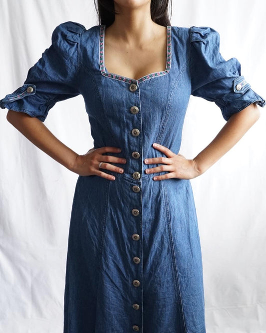 Vintage Landhaus Dress Size M Denim Puff Sleeves