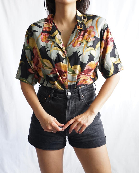 Vintage 80s floral Blouse size M short sleeve summer floral shirt shoulder pads 80s top