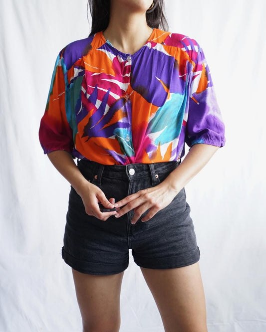 Vintage 80s Blouse size M colorful short sleeve summer shirt abstract pattern colorful print