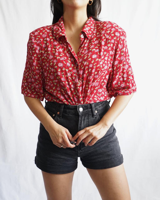 Vintage 80s Blouse size XL floral short sleeve summer shirt shoulder pads red floral top