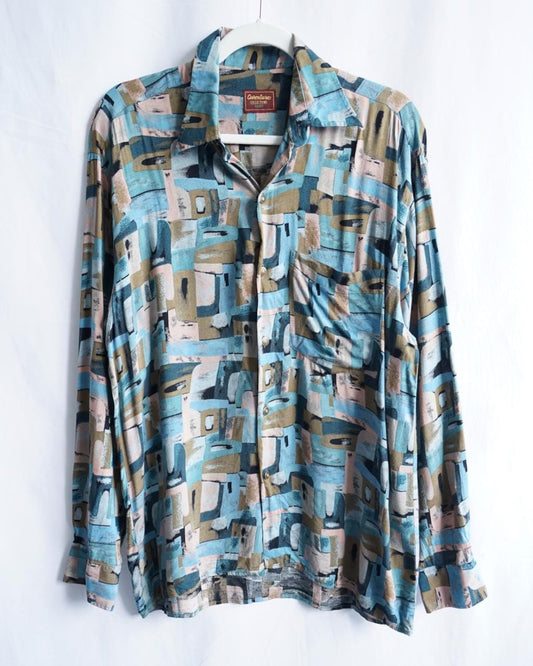 Vintage 90s shirt size L long sleeve shirt abstract colorful summer shirt viscose retro