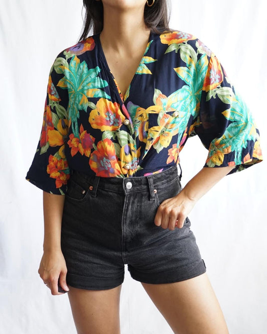 Vintage 90s floral Blouse size L short sleeve summer floral tropical print shirt light summer palm trees top