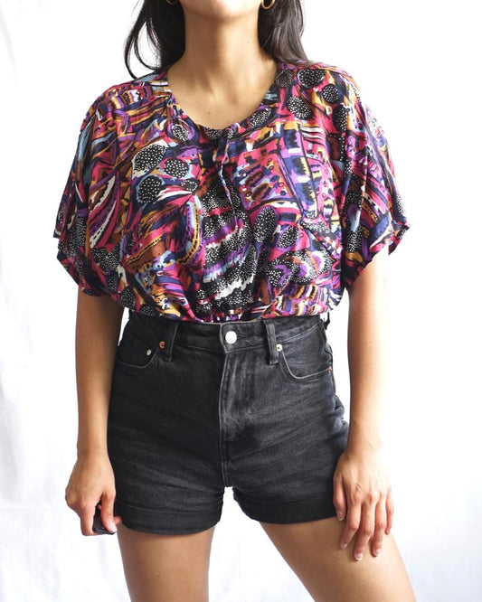 Vintage 90s Blouse size M-L colorful short sleeve summer top cropped shirt
