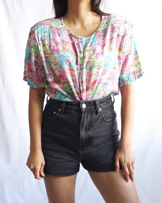 Vintage 80s Blouse size L colorful shoulder pads summer retro shirt abstract print
