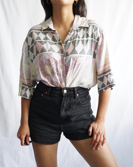 Vintage 90s Shirt size XL pastel colors short sleeve summer shirt geometric print festival retro