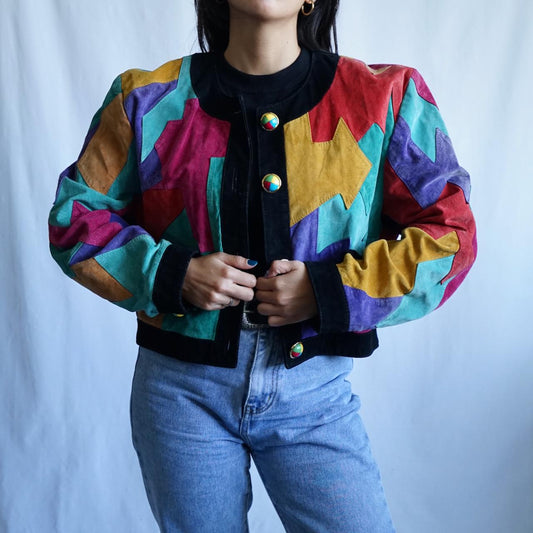 Vintage 80s colorful leather jacket size L patchwork
