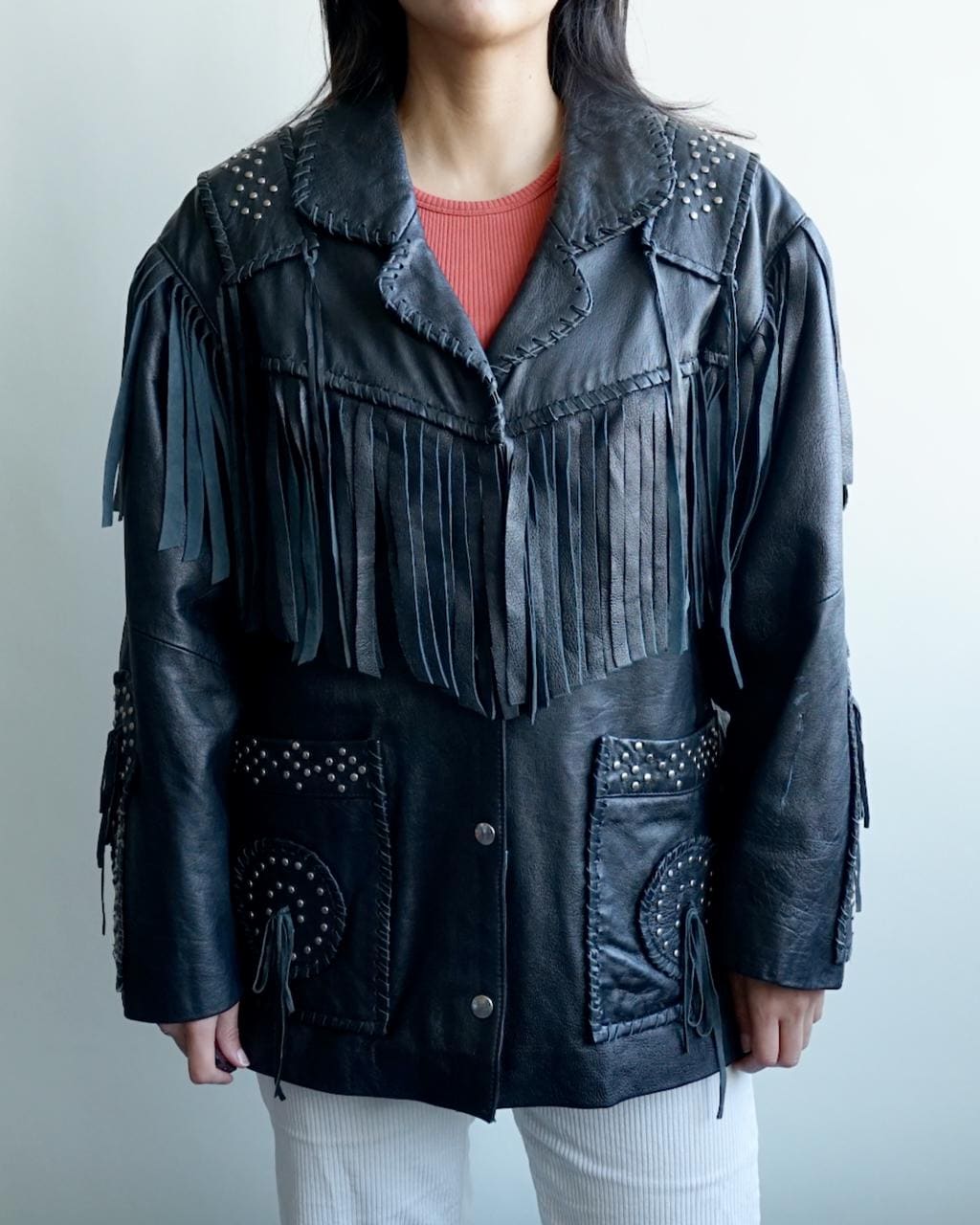 Vintage 80s fringes leather jacket size M cowgirl western