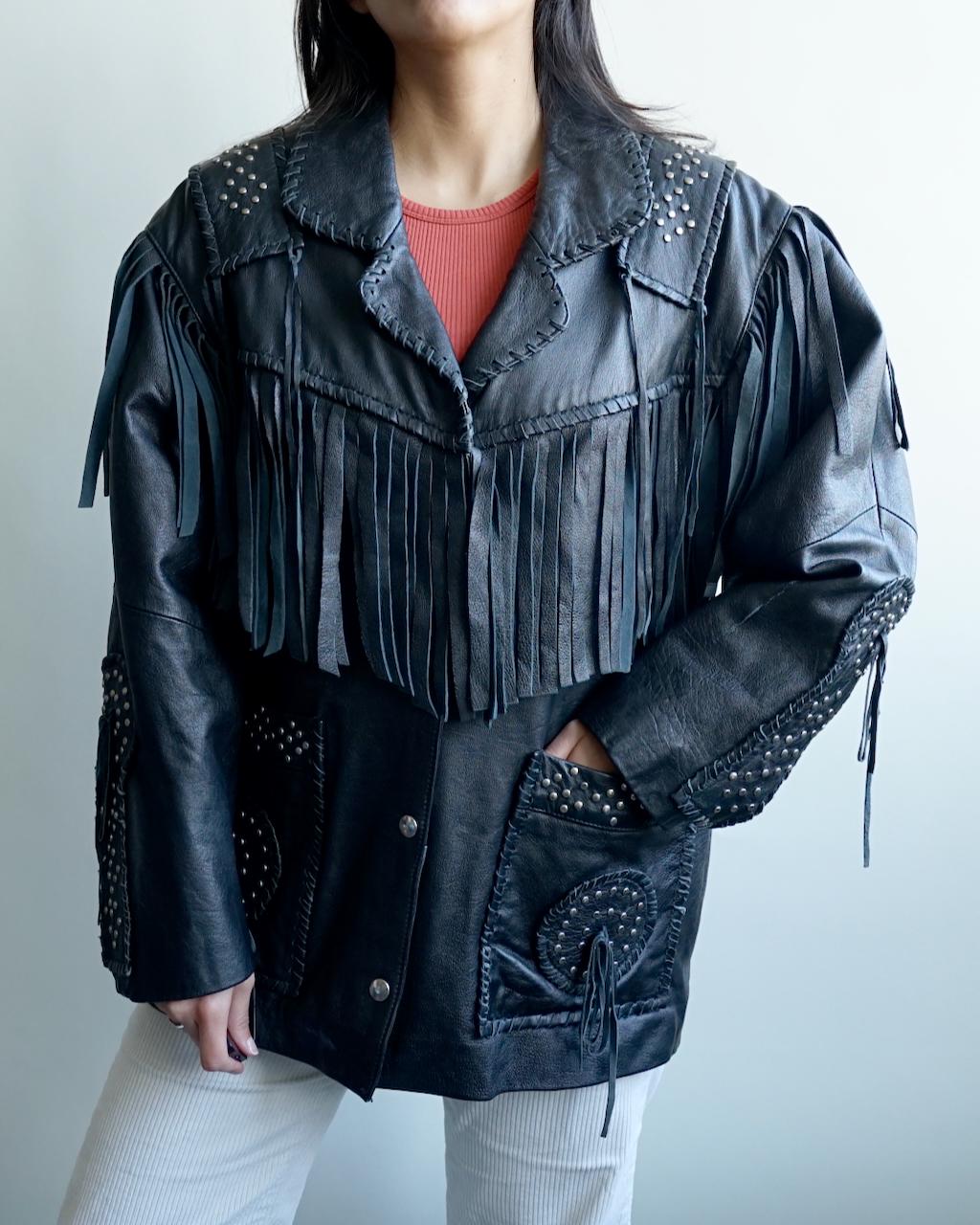 Vintage 80s fringes leather jacket size M cowgirl western