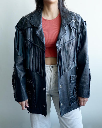 Vintage 80s fringes leather jacket size M cowgirl western