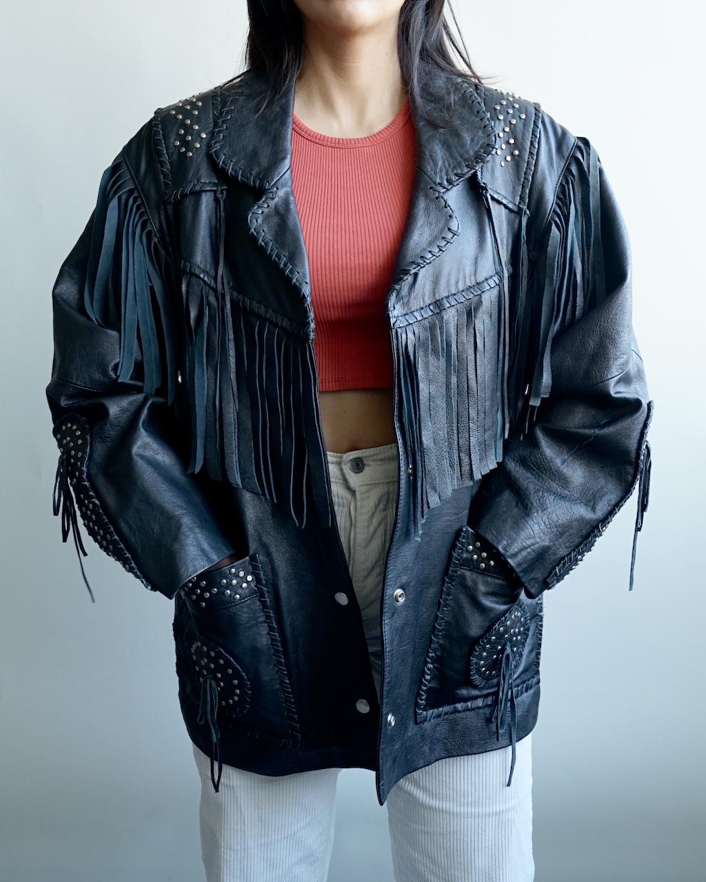 Vintage 80s fringes leather jacket size M cowgirl western