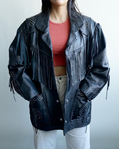 Vintage 80s fringes leather jacket size M cowgirl western