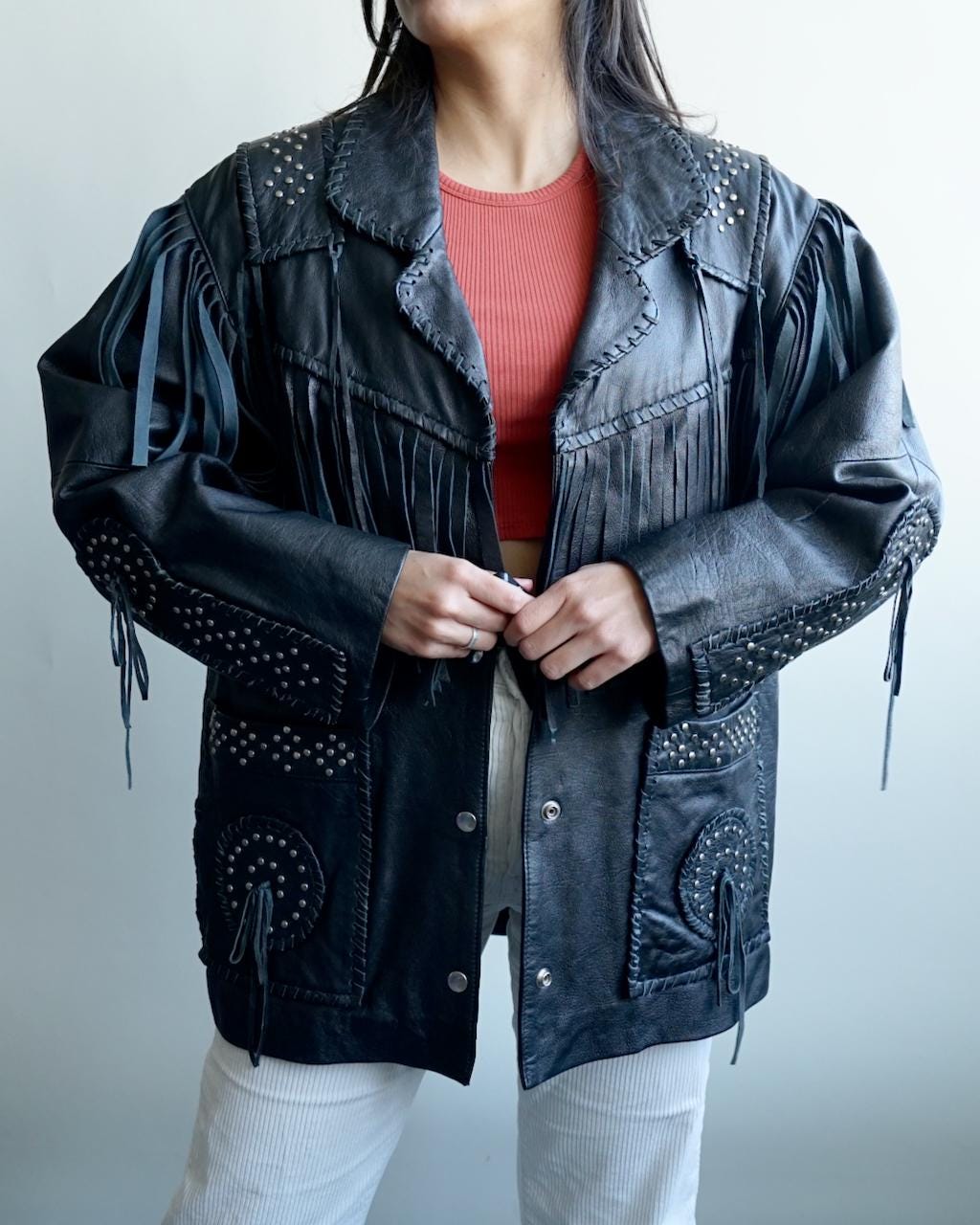 Vintage 80s fringes leather jacket size M cowgirl western