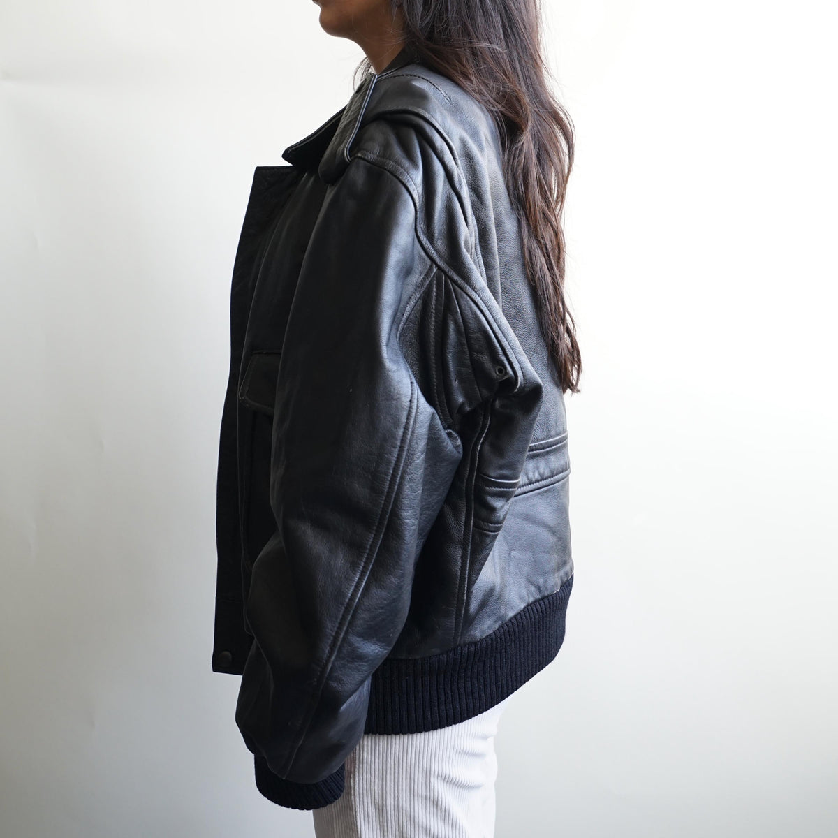 Vintage Leather Bomber Jacket black oversized