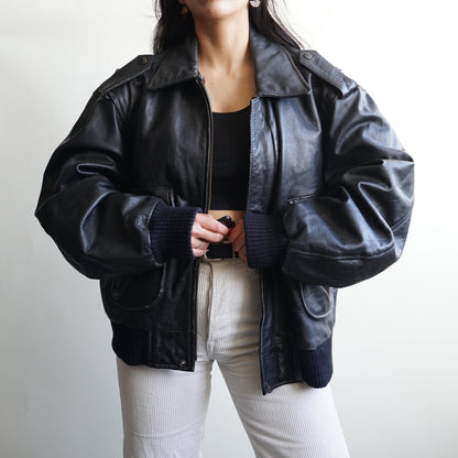 Vintage Leather Bomber Jacket black oversized