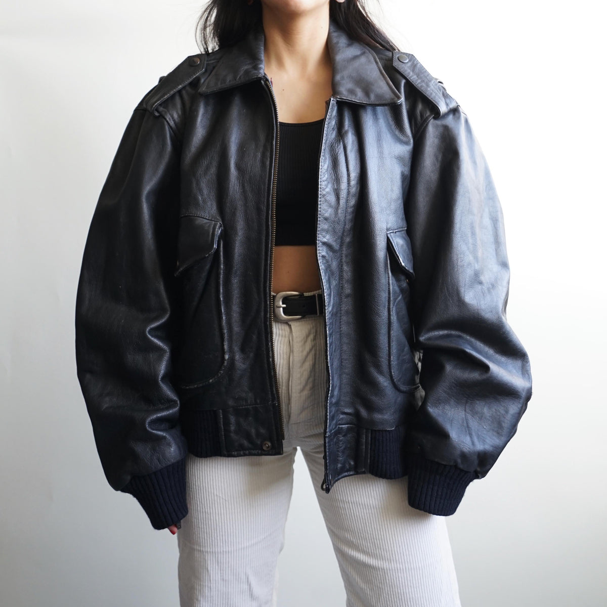 Vintage Leather Bomber Jacket black oversized