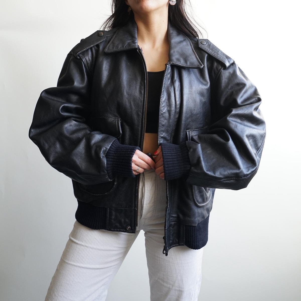 Vintage Leather Bomber Jacket black oversized