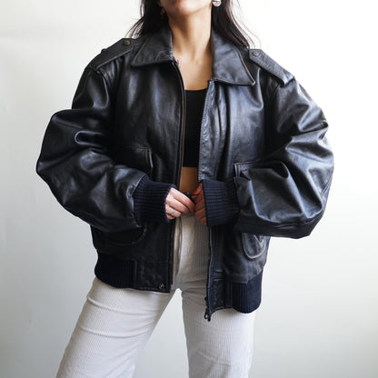 Vintage Leather Bomber Jacket black oversized