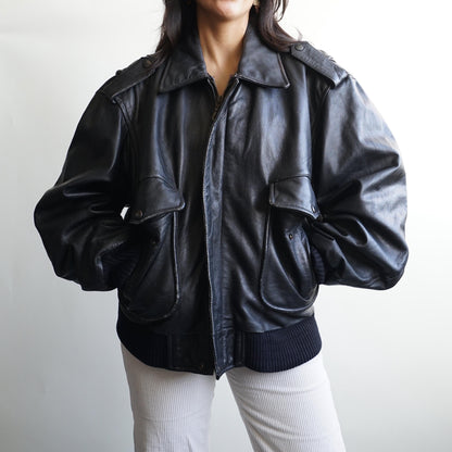 Vintage Leather Bomber Jacket black oversized