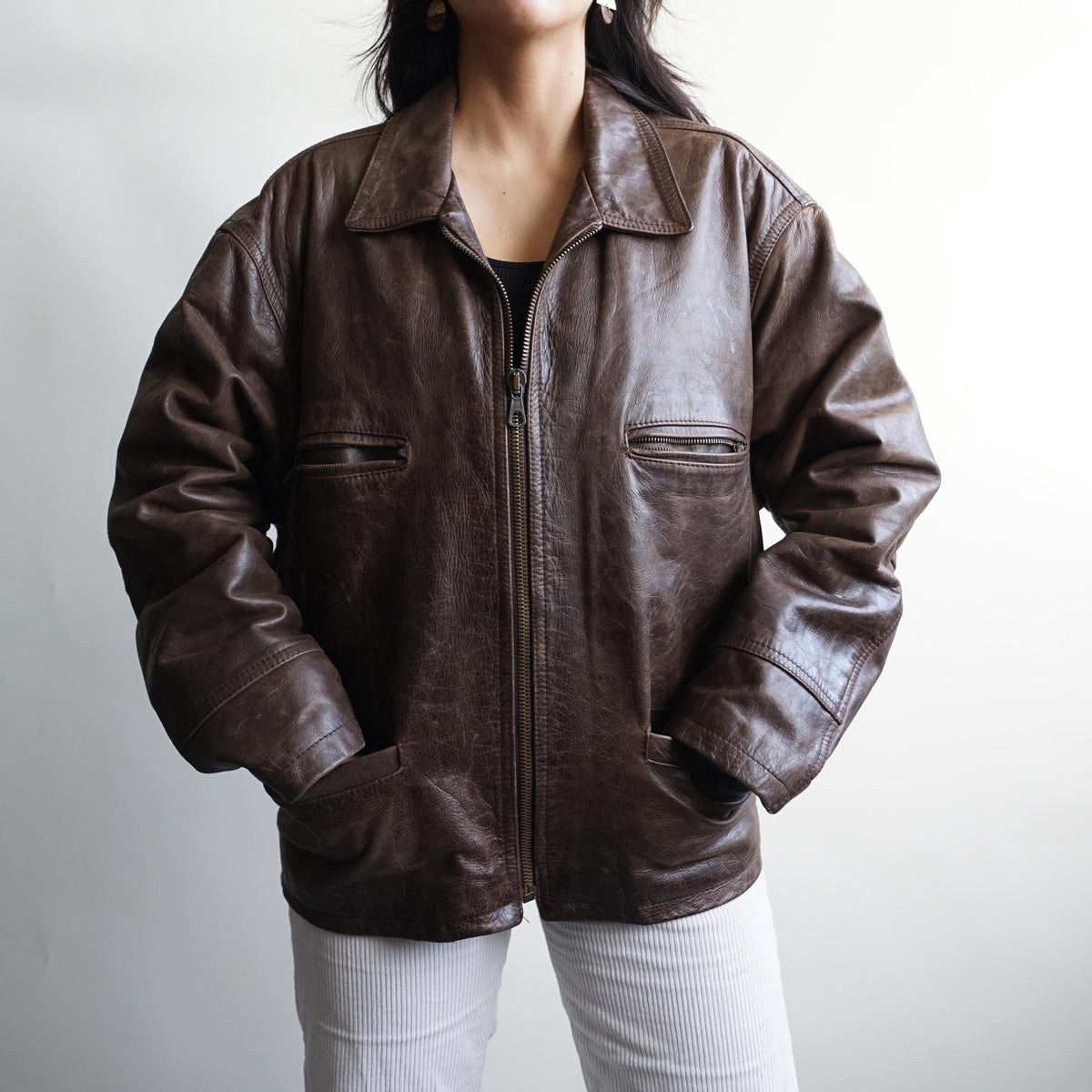 Vintage Leather Bomber Jacket Men Size M